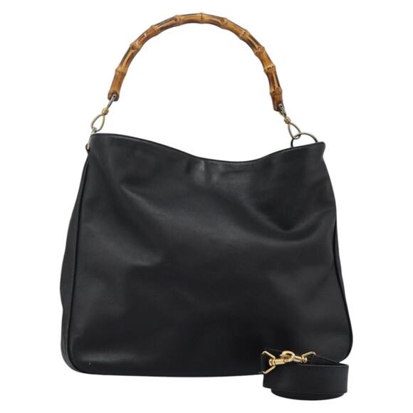 GUCCI Bamboo Hand Bag Leather Black Gold 001 1781 1577 0 - Picture 1 of 16